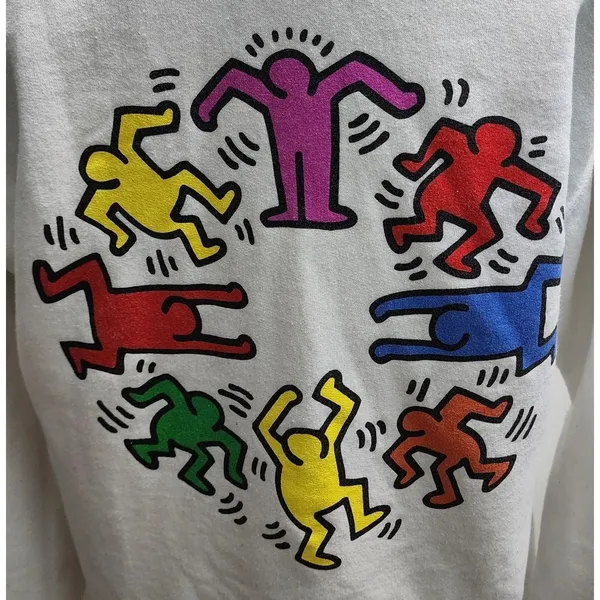 Keith Haring White Hoodie Dancing Figures Circle Graphic Art Streetwear‎ Pop Art - Image 5