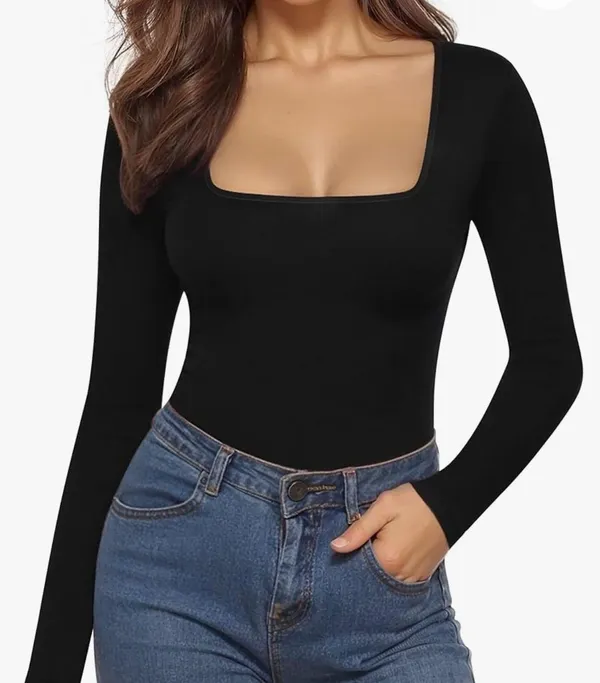 MANGOPOP Women's Square Neck Long Sleeve Tops Bodysuit - Image 2