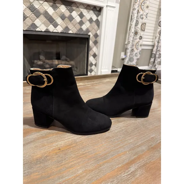 Ron White Jozie Weatherproof Black Suede Booties‎ Gold Buckle EU 35.5 US 5.5 - Image 2