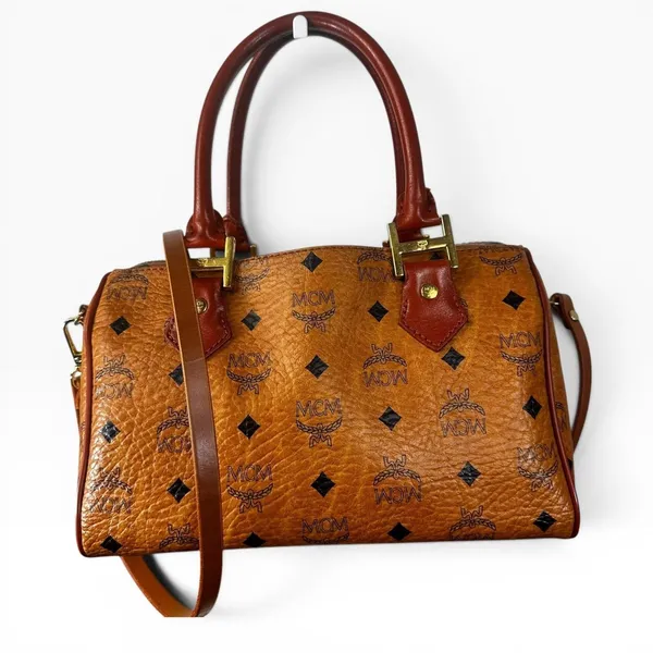 MCM Vintage Satchel Bag Womens Medium Brown Logo PVC Leather Germany Top Handle - Image 2
