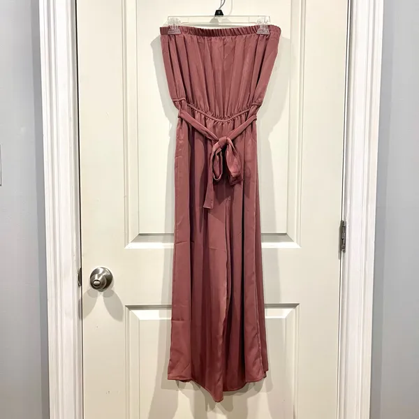 NWT Charlotte Russe Strapless Mauve Satin Wide Leg Cropped Jumpsuit - Medium - Image 2