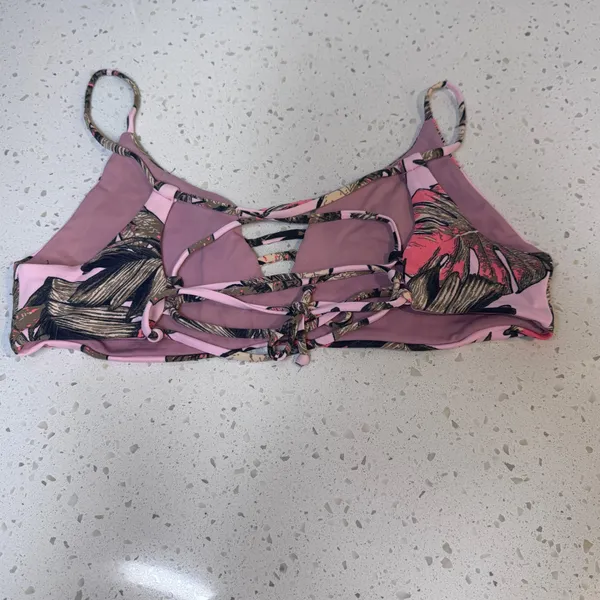 Maaji Pink Tropical Leaf‎ Reversible Lace Up Bralette Bikini Top Large L Womens - Image 2