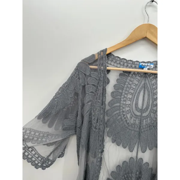 Rebellion Lace Kimono Cardigan Gray Sheer Boho Festival Duster Women Sz L Hippie - Image 5
