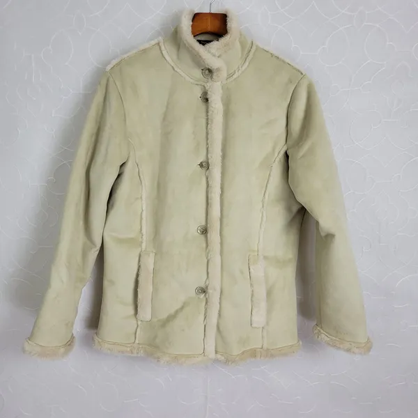 Denver Hayes Womens Winter Jacket Large Beige Green Faux Mock Neck Button Pocket - Image 2