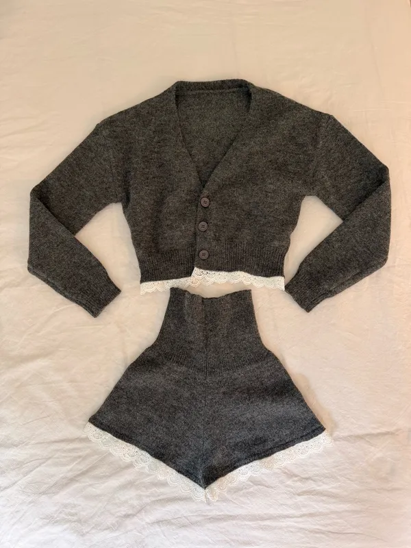 Cozy Cropped Gray and White Lace Sweater and Shorts Set - Image 2