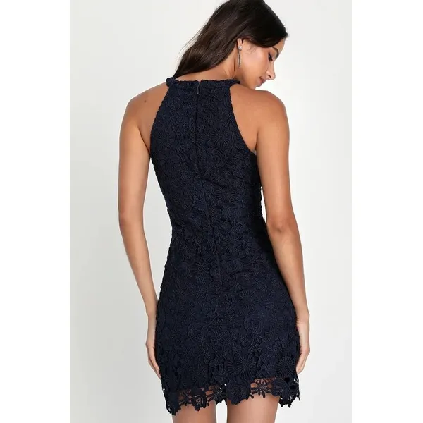 Lulus Love Poem Lace Halter Dress Womens Small Navy Floral Sleeveless Cocktail‎ - Image 7