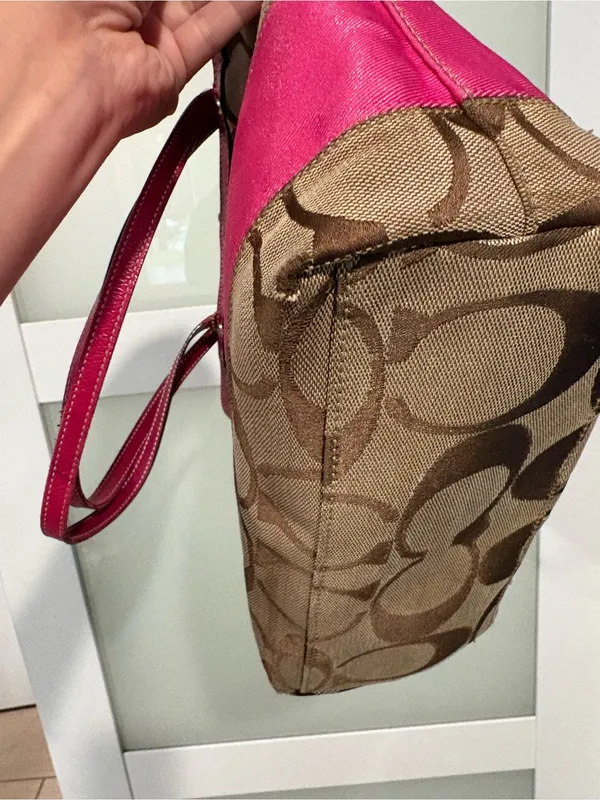 Vintage Coach Reversible Stripe Tote Bag Khaki Pink Canvas with Leather Trim - Image 4