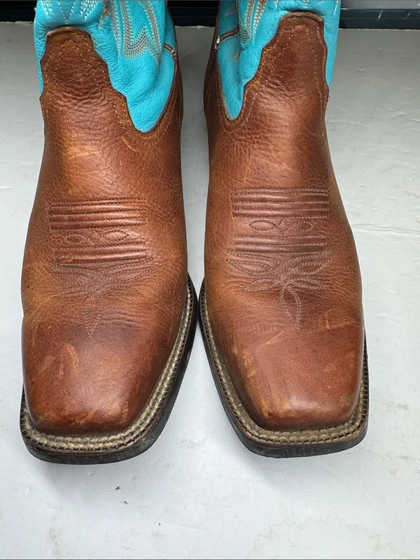 Tony Lama Brown Leather Cowboy Boots with Turquoise Shaft square toe cowgirl 10C - Image 3