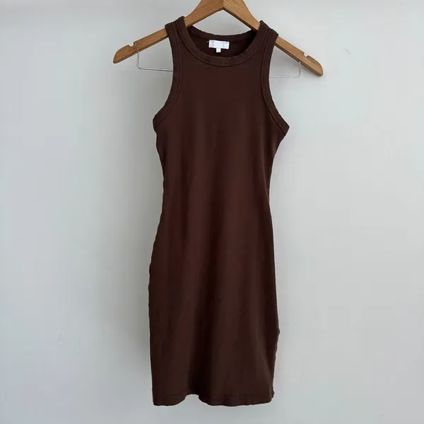 Meshki Tina Dress Small Brown Ribbed Knit Jersey Mini Bodycon Racerback‎ Minimal - Image 2