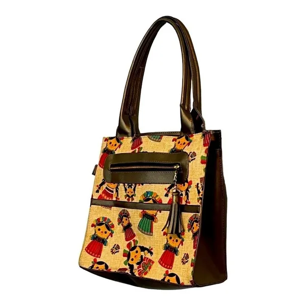 Mexican Doll Tote Bag Womens Medium Tan Brown Multi Folk Art Tapestry Lele‎ Doll - Image 3