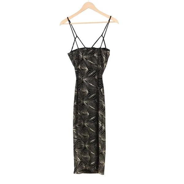 Codigo Black Gold Glitter Sunburst Multi Strap Bodycon Midi Dress Large - Image 6