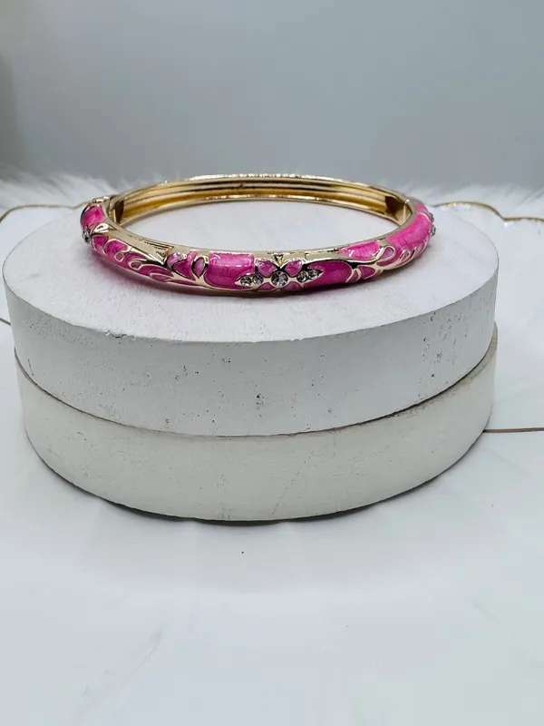Pink Enamel Gold-Tone Floral Cloisonne Bangle Bracelet - Image 2