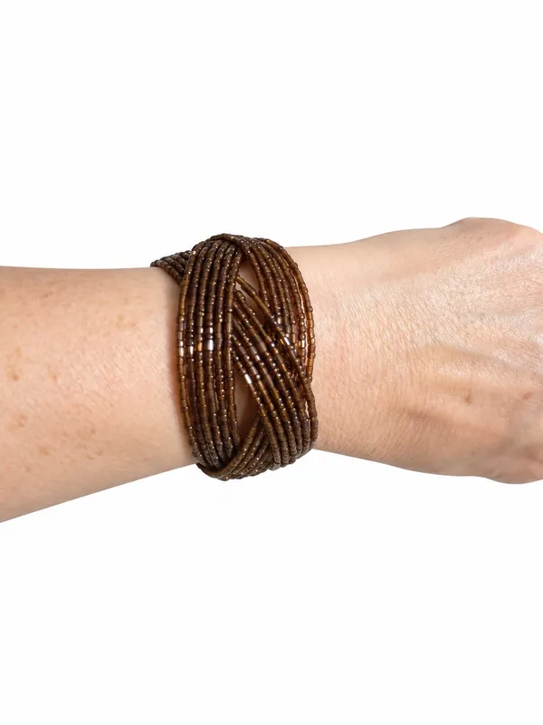 Vintage Style Cuff Bracelet Glass Seed Bead Braded Amber Earthtones Bohemian - Image 5