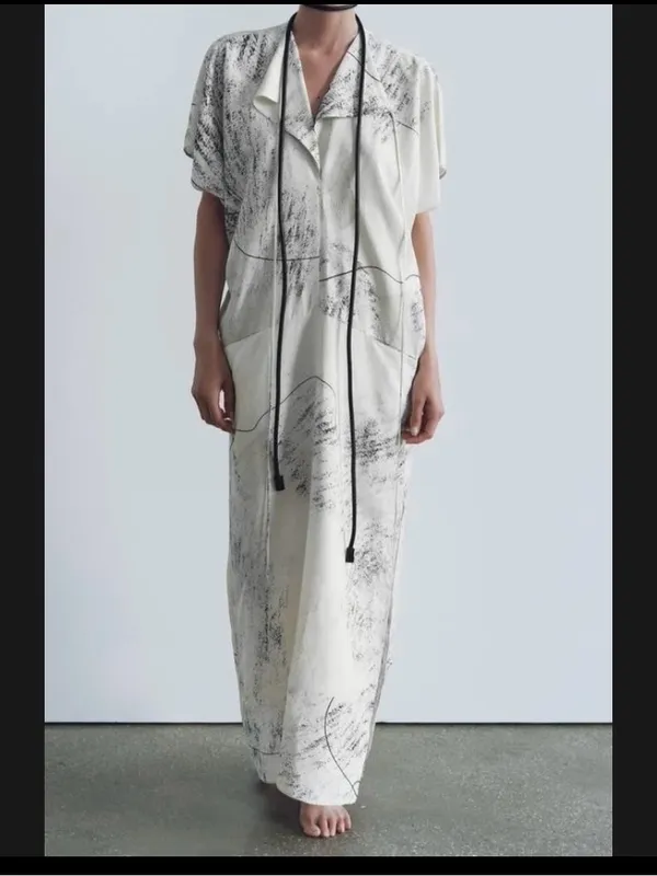 ZARA WOMAN FLOWING ZW COLLECTION PRINTED maxi‎ DRESS ECRU BLACK - Image 7