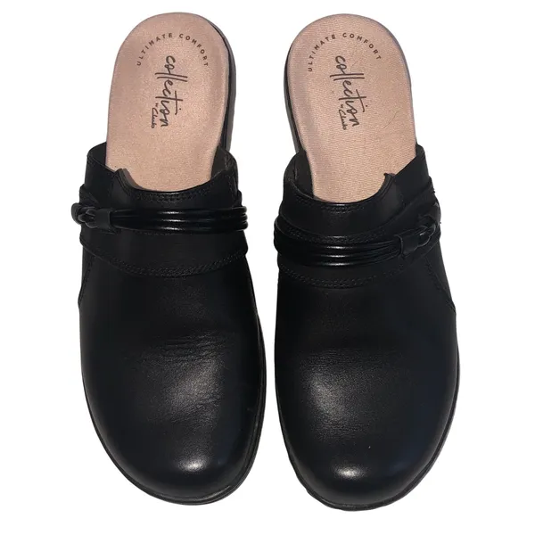Clarks Collection Black Leather Clog Mules Size 7.5 Comfort Boho Slip On Shoes - Image 2