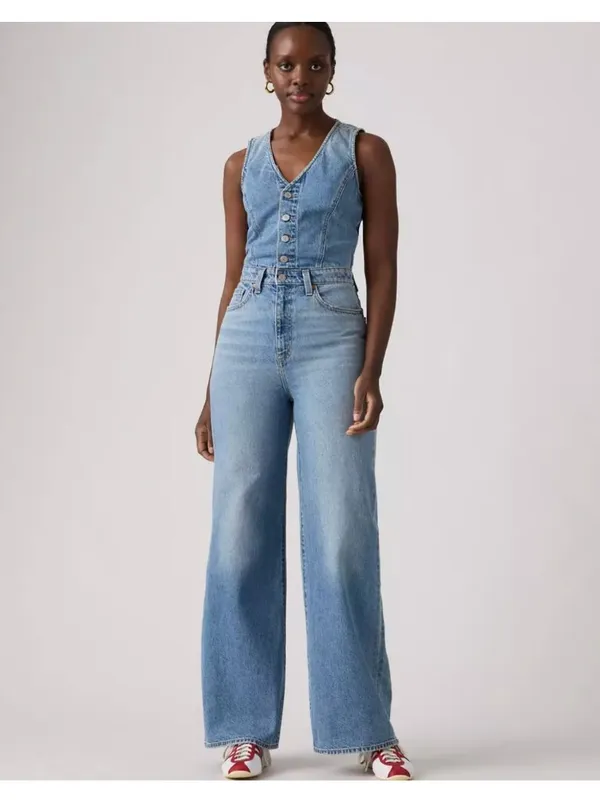 New Levi's Size 27 Denim Wide-Leg Jumpsuit Own It Jumpsuit Medium Wash - Image 3