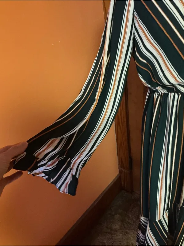 Jodifl Striped Faux Wrap Ruffle Midi Dress Size Medium Green Rust Boho - Image 6