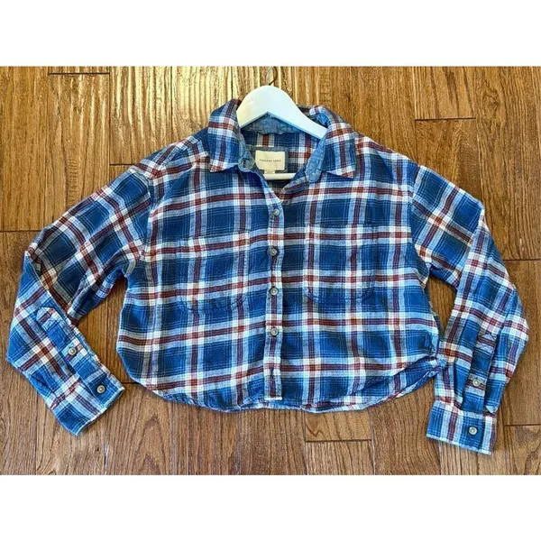 American Eagle cozy cabin cropped blue plaid flannel xsmall - Image 11