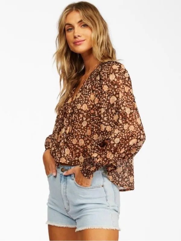 Billabong Desert Daze Floral Peasant Blouse Brown Smocked Long Sleeve Top Medium - Image 3