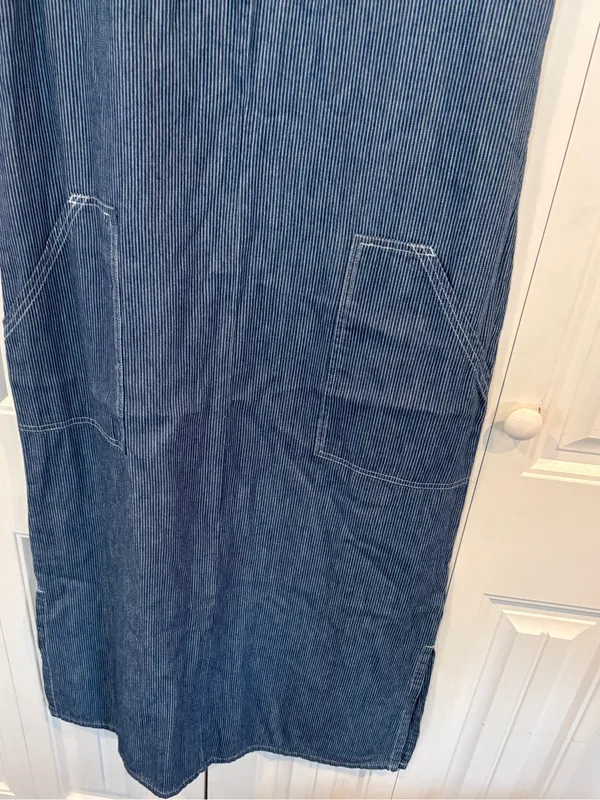Faded glory blue and white stripe denim fruit embroidered midi dress size large - Image 5
