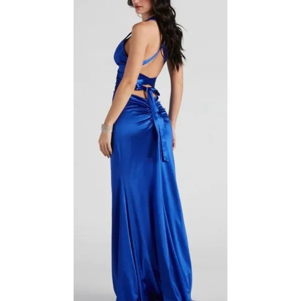 B Darlin Open Back Satin Royal Blue Size 5 Side Slit Maxi Dress NEW‎ - Image 2