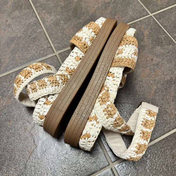 Free People FP Roma Raffia Slip On Ankle Strap Platform Sandals Tan White 8 - Image 12