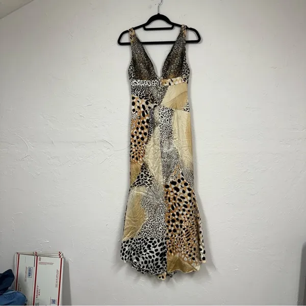 Jovani Black & Tan Animal Print Silk Patchwork Maxi Dress Womens 2 Formal Gown - Image 4