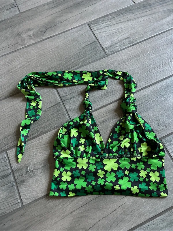 Green Clover Halter Bikini Top Black Size M - Image 3