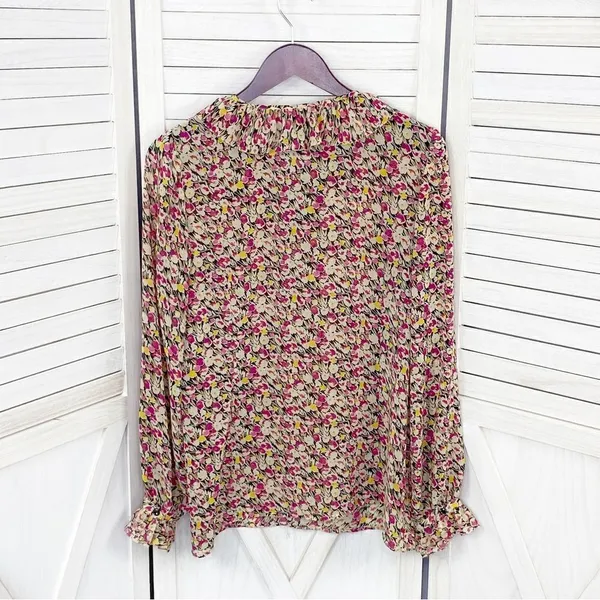 Loft Ann Taylor Ruffle Trim Tie Neck Floral‎ Chiffon Blouse Large Beige Pink - Image 7