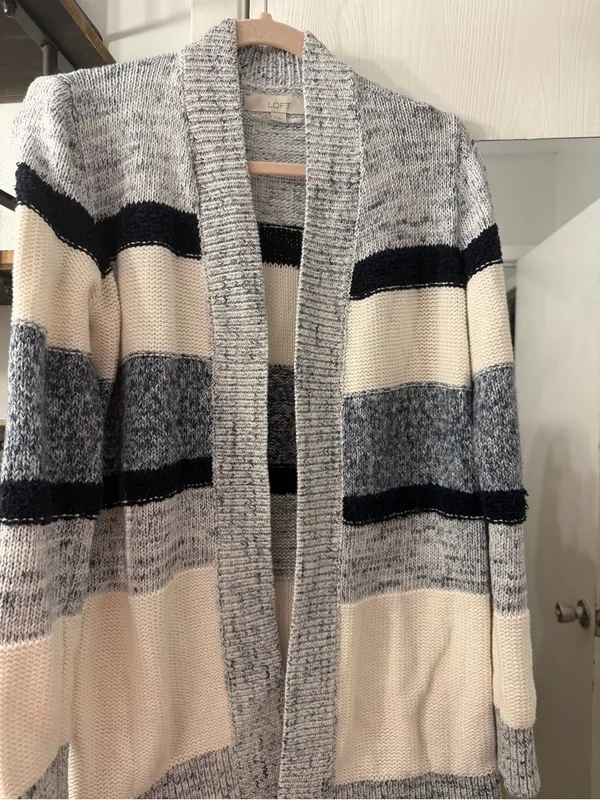 LOFT Open-Front Striped Cardigan in Cream, Navy, and Light Blue - Image 3