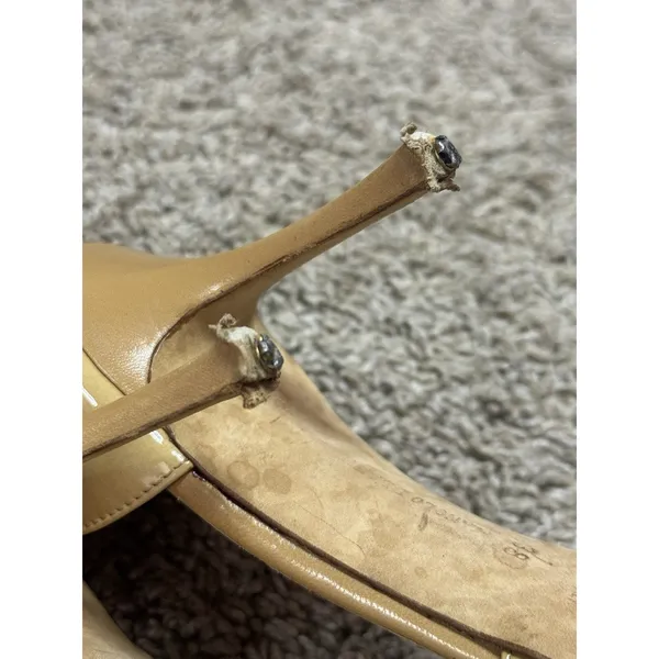 Vintage MANOLO BLAHNIK D’Orsay Nude Tan Patent Leather Peeptoe High Heels Sz 38 - Image 7