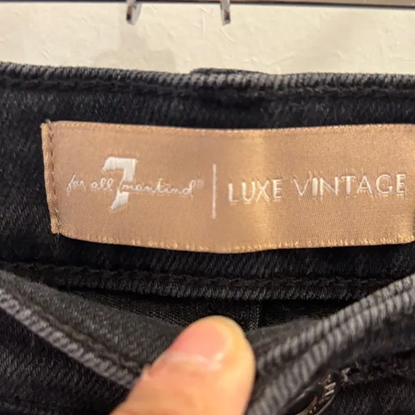 7 For All Mankind Luxe Vintage Cropped Flare Jeans Black Raw Hem Size 28 - Image 2