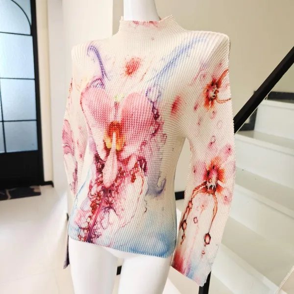 Watercolor Floral Print Pleated Long Sleeve Top Mock - Image 3