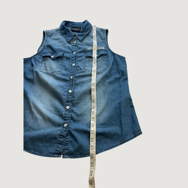 Harley-Davidson Womens Sleeveless Denim Shirt Blue Medium Wash Embroidered L - Image 7
