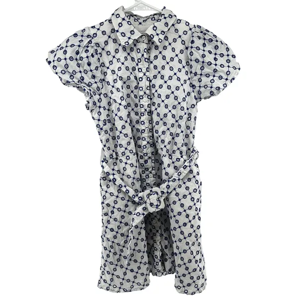 Alexis Target Dot Tulip Sleeve Embroidered Shirtdress Eyelet Belted White Blue - Image 2