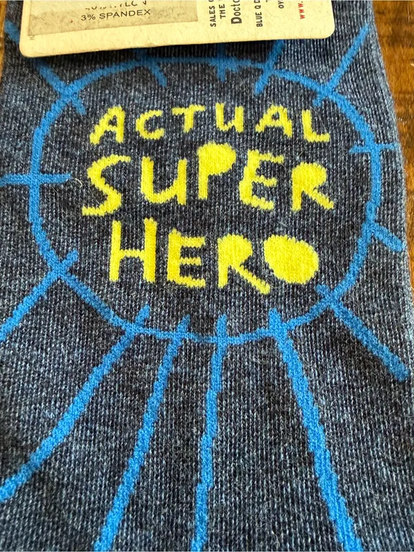 Blue Q Navy Crew Socks with Yellow 'Actual Super Hero' Text - Image 6