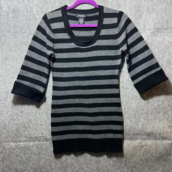 Alyn Paige Black Gray Striped‎ Knit Sweater Dress 3/4 Sleeve Scoop Neck Size S - Image 6