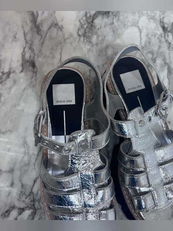 Dolce Vita Metallic Silver Black Platform Fisherman Sandals shoes chunky 7.5 - Image 3