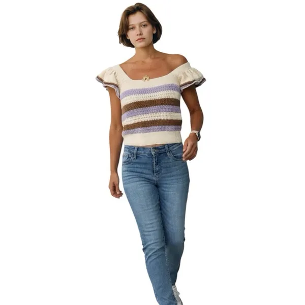 MNG Mango Beige Striped Knit Ruffle Flutter Sleeve Square Neck Cropped Top S - Image 2