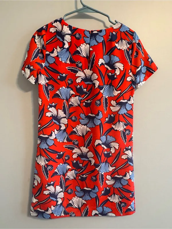 J. Crew Red Dress‎ with Blue & White Floral Accents women's size 00 - Image 3