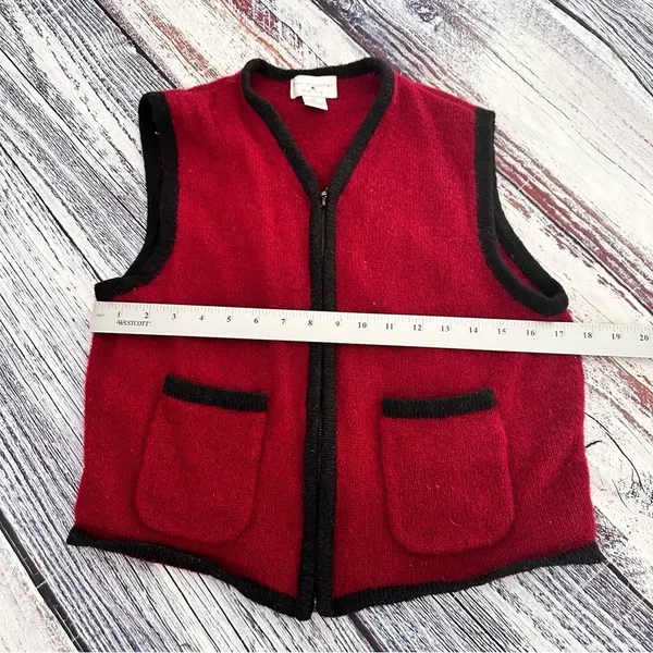 Vintage Christopher & Banks 100% Wool Red/Black Zip Up Vest​​ - Image 6