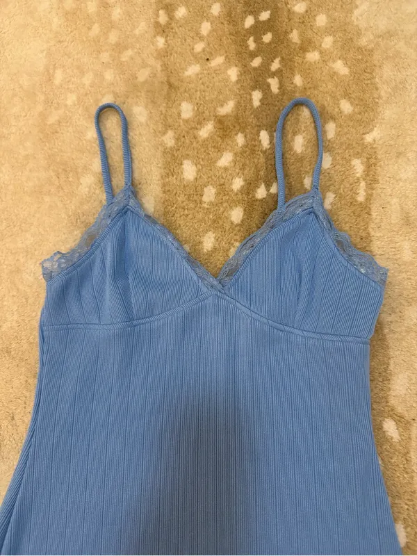 Urban Outfitters Blue Ribbed Lace Trim Cami Mini Slip Dress L Soft Stretch Y2K - Image 6