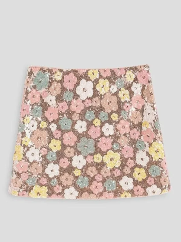 Sequin Floral Gold and Pastel Hippie Mini Skirt Size XS Date Night Going Out \ - Image 2