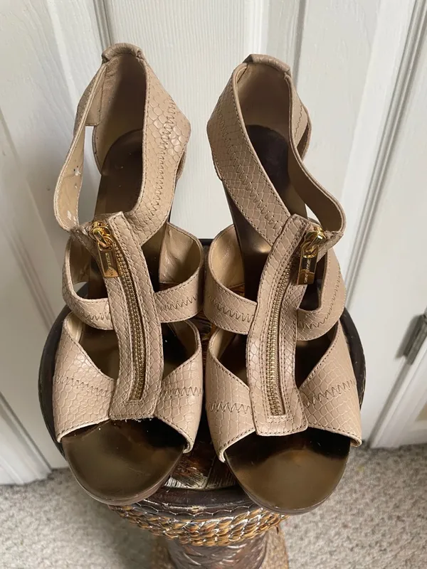 Michael Kors Taupe Preppy Quiet Luxury Textured High Heel Sandals - Image 2