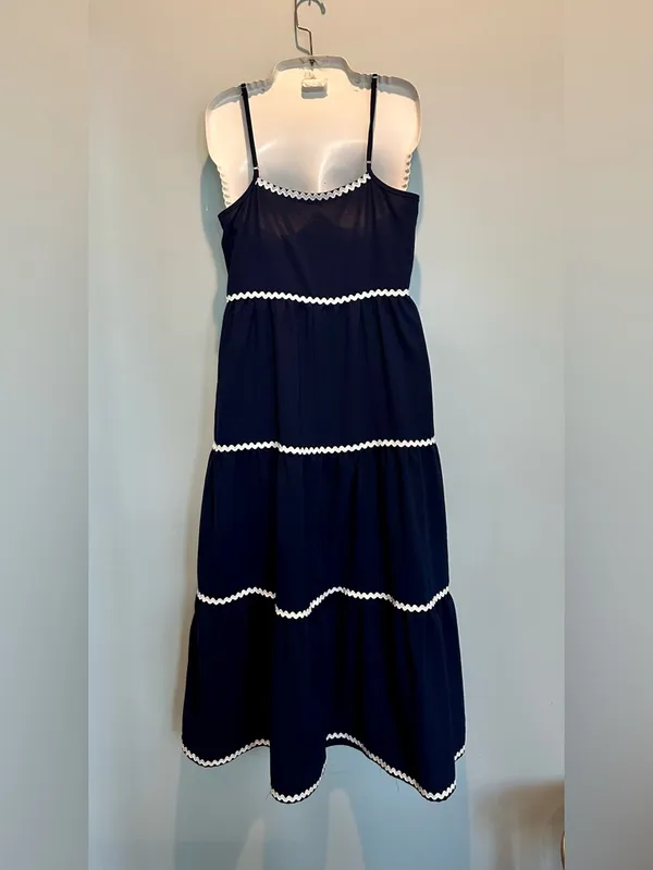 BTFBM Tiered Midi Dress Navy/ White Rick Rack Trim adjustable straps size Small - Image 6