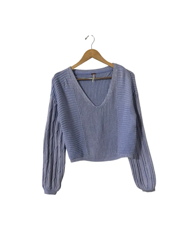 FREE PEOPLE When It Rains Vneck Cotton Blue Sweater Pullover Top - Image 2