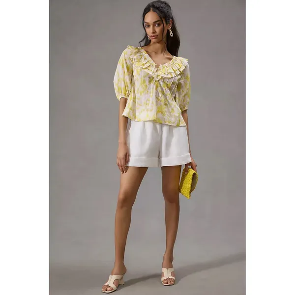 Maeve‎ Anthropologie Yellow Off-The Shoulder Ruffled Swing Puff Blouse Large - Image 4