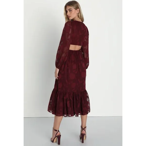 Lulus Desired Aesthetic Wine Red Floral Burnout Long Sleeve Midi Dress Size L - Image 13