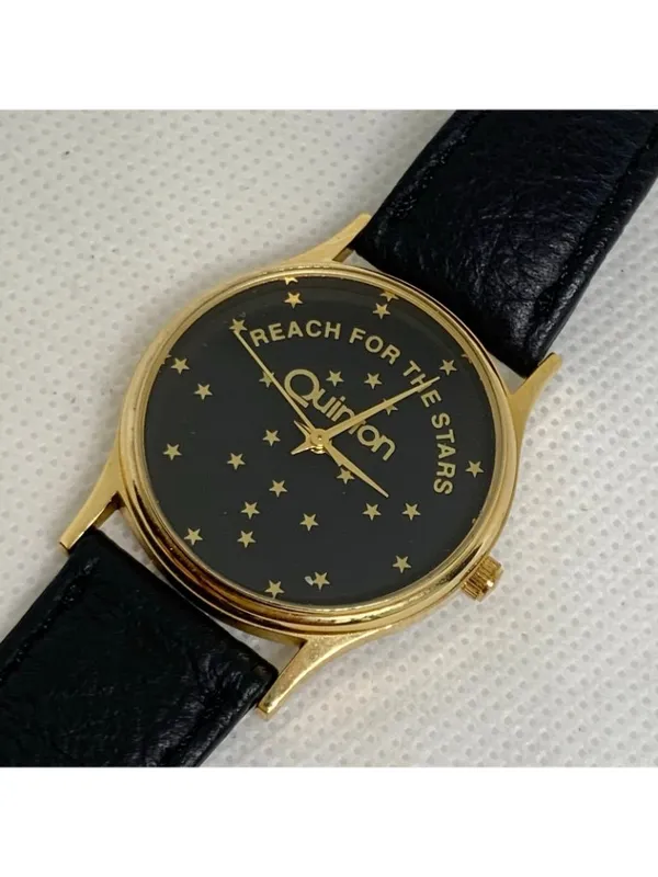 Vintage Quinton "Reach for the stars” gold tone watch 31mm quartz black running - Image 2