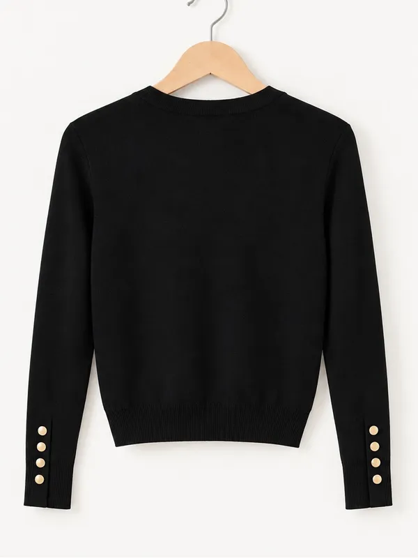 ZARA Black Classic Knit Cardigan Metallic Gold Snap Button V-Neck Sweater Small - Image 5